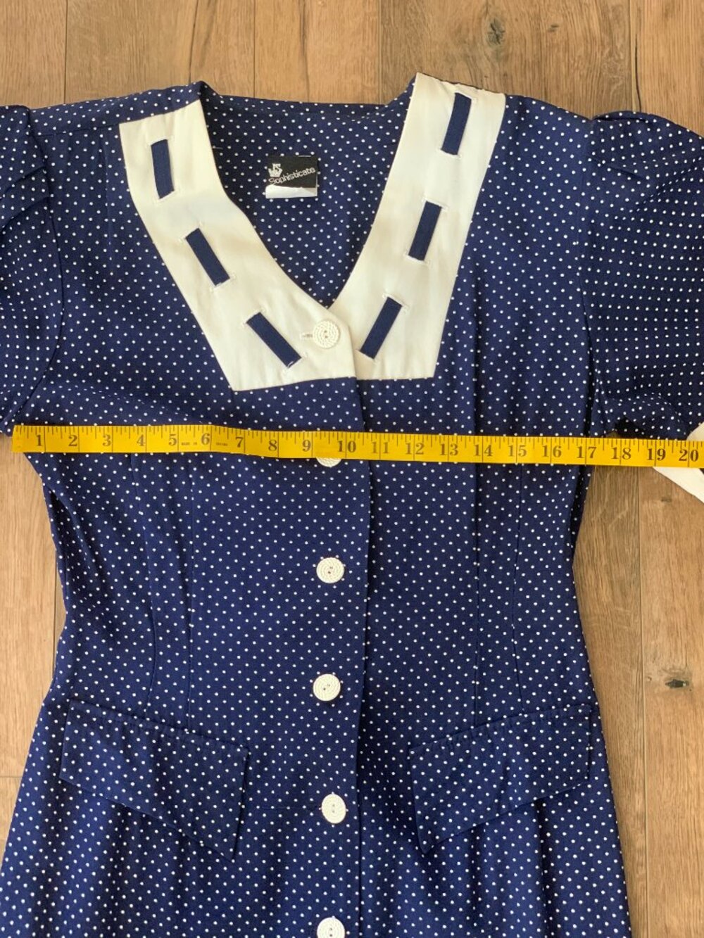 Vintage Polka Dot Shirtwaist Dress S/M Navy White Button Modest Rockabilly Pinup - Picture 11 of 16